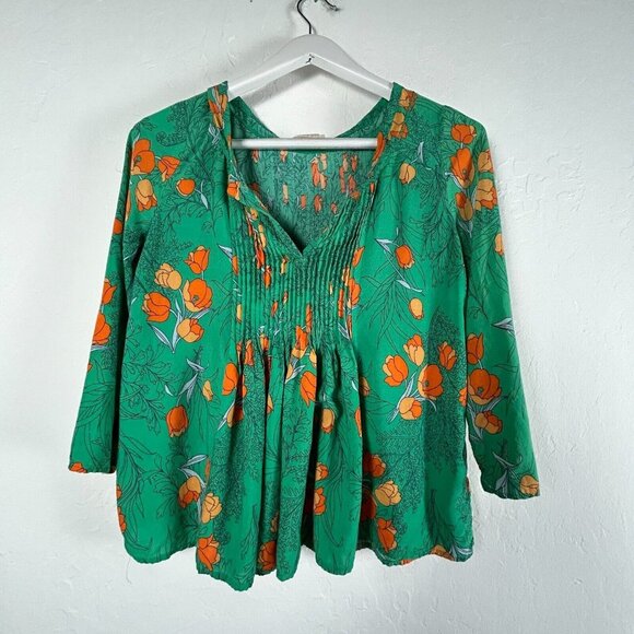 Anthropologie by Vanessa and Virginia Pintuck Floral Swing Top Green 3/4 Sleeve - Picture 1 of 8